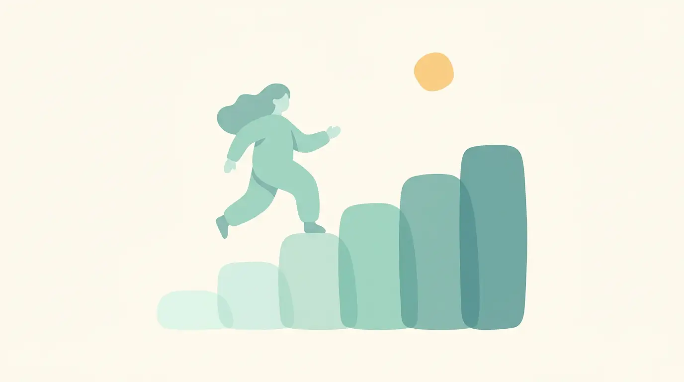 Illustration of a person walking up six rising steps, representing recovery phases